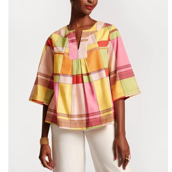 Frances Valentine Relaxed Fit Cotton Poplin Yellow Color-Block Plaid Top Size XL - Picture 1 of 8